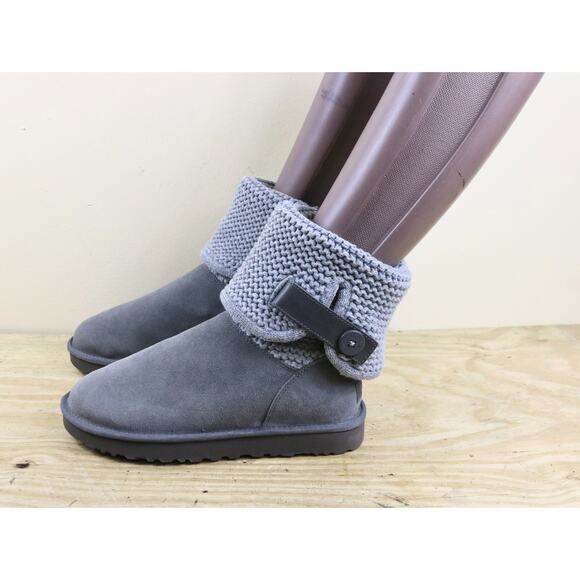 New UGG Boots Womens 9 Gray Suede Shaina Sweater Cuff Shearling Insole Ankle - Picture 1 of 7
